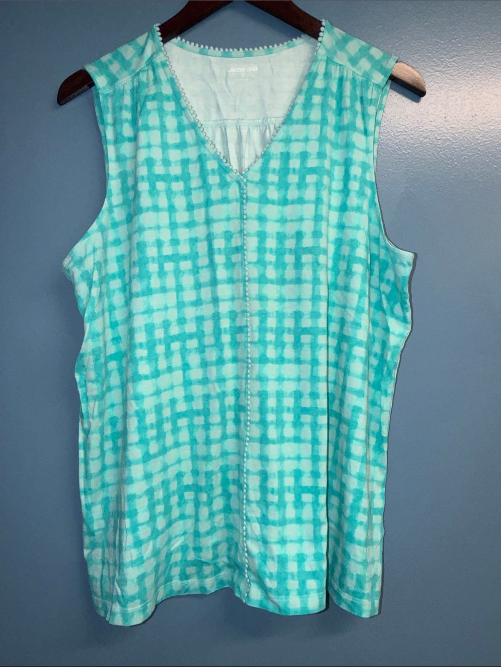 Lands' End Aqua Plaid V-Neck Sleeveless Tank